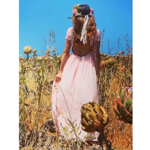 Lulus Greatest Lace Maxi Dress light pink lace bodice open back chiffon Skirt XS - Picture 4 of 17